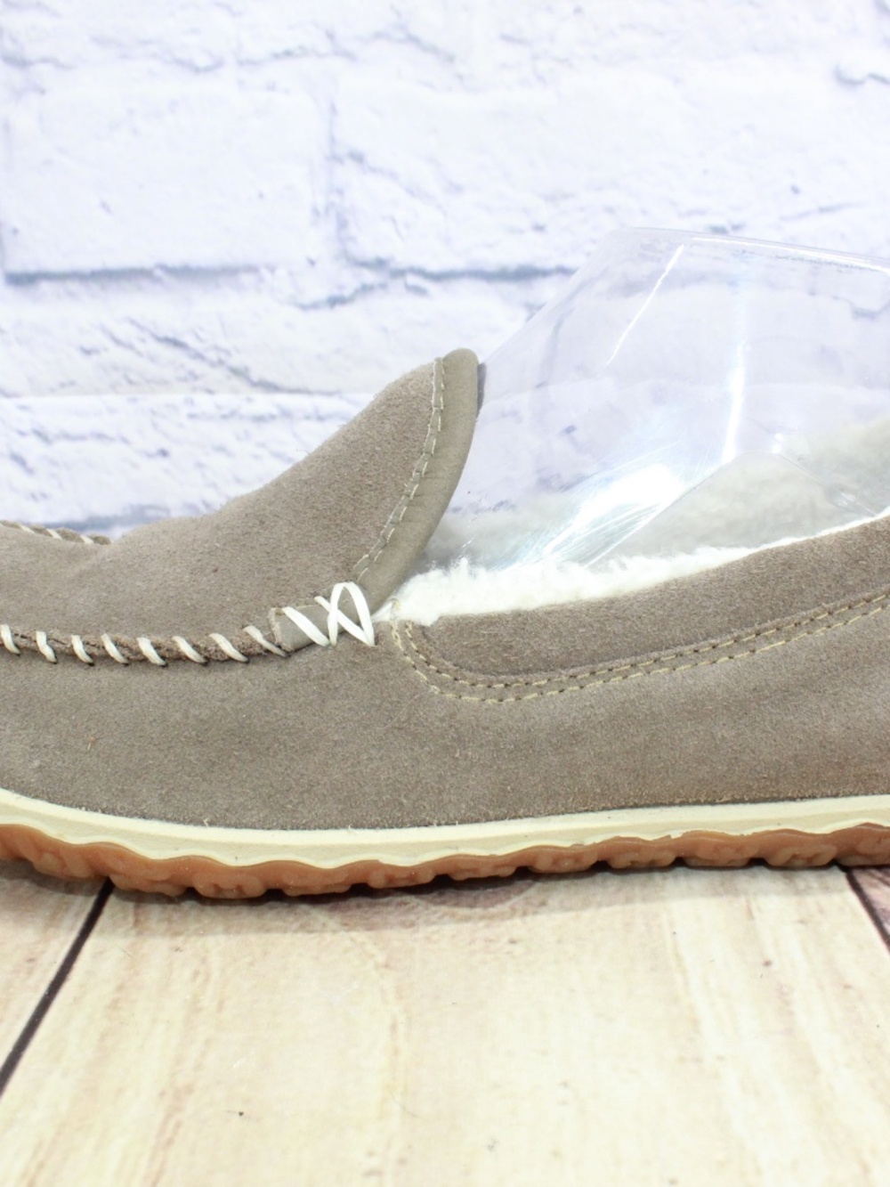 LL Bean Dark Cement Suede Fleece Lined Mountain Moccasin Slippers Size 8 M